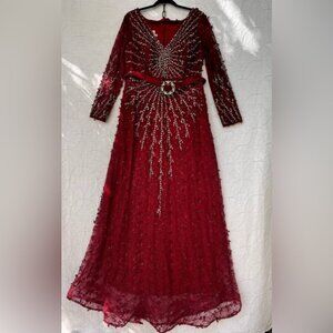 Vintage Beaded Red Gown Maxi Rhinestone Belted Dress 50 Whimsicore